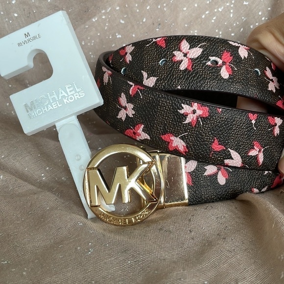 Brand New Michael Kors Reversible Brown Floral Belt w/ Gold Tone Buckle main image 9